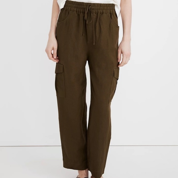 Madewell Tapered Huston Cargo Pull-On Crop Pants Linen Blend Green Medium - Picture 2 of 12